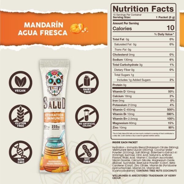 Salud 2-in-1 Hydration Packets + Immunity Electrolytes Powder, Mandarin - Agua Fresca Drink Mix, Elderberry, Dairy & Soy Free, Non-GMO, Gluten Free, Vegan, Low Calorie, 1g Sugar (15 Servings)