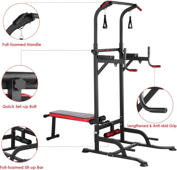 Arlopu Power Tower with Bench, Pull Up Bar Stand, Dip Bar w/Folding Bench 4 Ropes Strength Training, Multi-Function Fitness Equipment for Home Gym, Adjustable Heights and Angles Dip Station, 400LBS