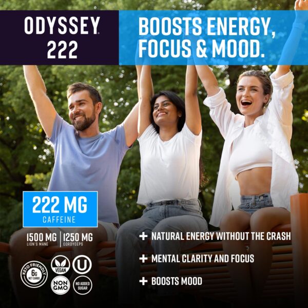 Odyssey 222 Energy Drink, Pre Workout, 222mg Caffeine, Clean Energy Drinks, L Theanine, Lions Mane, Cordyceps & Green Tea for Energy, Focus & Mood Boost, Low Calorie, Blue Raspberry, 12 Fl oz, 12 Pack