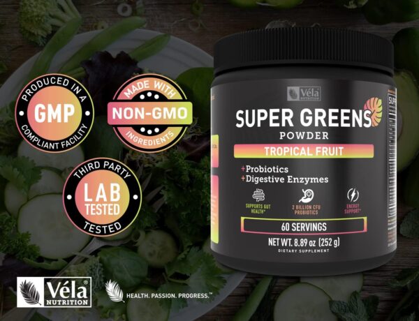 Super Greens Powder | Superfood to Support Digestive Enzymes and Bloating with 2 Billion Probiotics | Support Energy Levels & Gut Health | GMP Certified, Non-GMO | Tropical Fruit Refresher