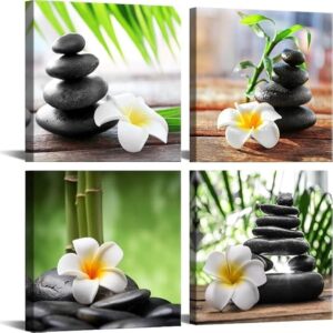 Yxbhhym-Zen Pictures Meditation Canvas Wall Art Spa Stone Green Room Decor White Frangipani Flower Poster Painting Zen Artwork for Bathroom Wall Décor Living Room Kitchen Decorations Framed Art