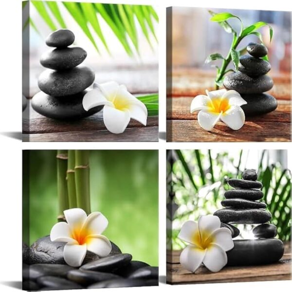 Yxbhhym-Zen Pictures Meditation Canvas Wall Art Spa Stone Green Room Decor White Frangipani Flower Poster Painting Zen Artwork for Bathroom Wall Décor Living Room Kitchen Decorations Framed Art