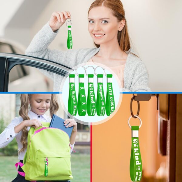 100 Pcs Mental Health Awareness Silicone Keychain Gifts Green Awareness Ribbon Green Mental Faith Courage Hope Keychain for Adult Man Woman Gift