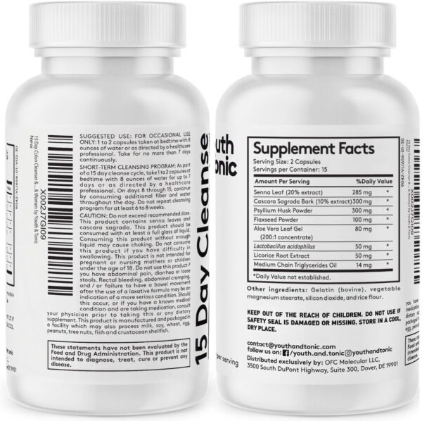Youth & Tonic 15 Day Cleanse: Gut Health and Colon Detox to Break The Plateau, Helps with Belly Bloat, Regularity, and for Feeling Lighter and More Energized for Men & Women, Made in USA, 30 Pills