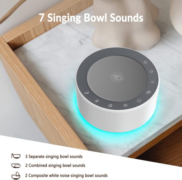 Kipcush Tibetan Meditation Bowl Sound Machine - 7 Different Sized Singing Bowls Sounds for Yoga, Meditation, Mindfulness, Chakra Healing, Sound Therapy and Stress Relief, Timer, Plug in