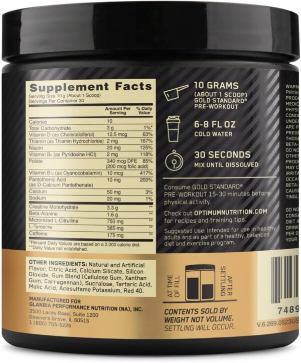 OPTIMUM NUTRITION Gold Standard Pre-Workout with Creatine, Beta-Alanine, and Caffeine for Energy, Flavor: Fruit Punch, 30 Servings
