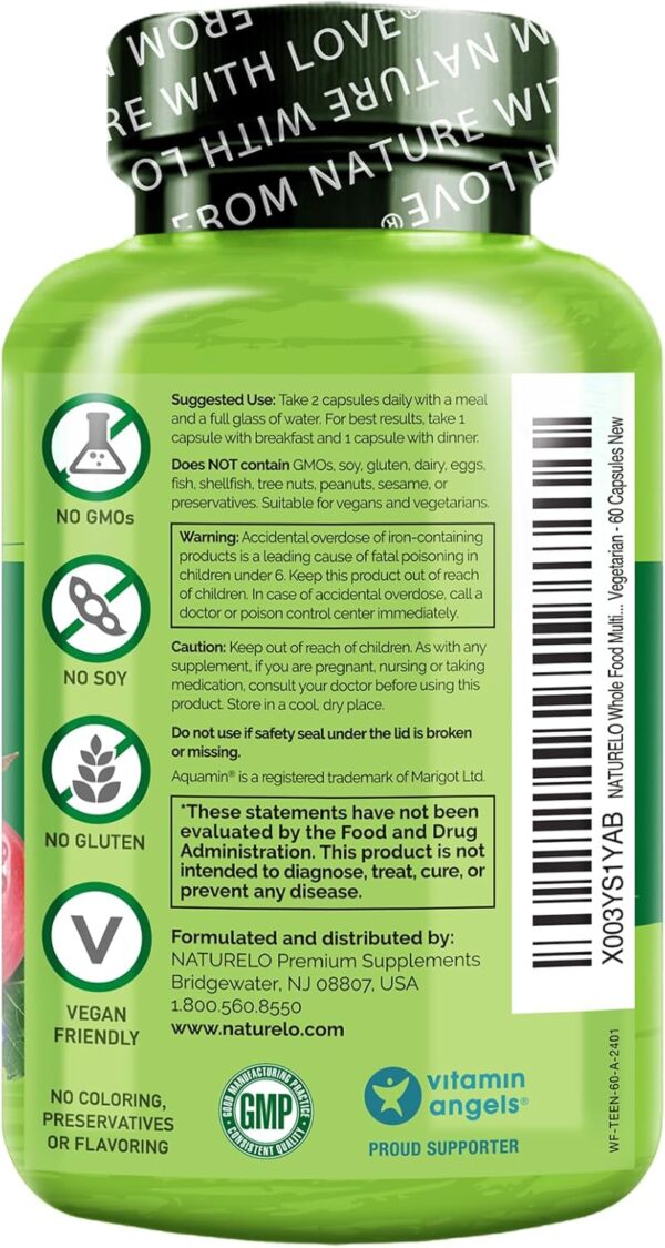 NATURELO Whole Food Multivitamin for Teens - Vitamins and Minerals for Teenage Boys and Girls - Supplement for Active Kids - with Organic Whole Foods - Non-GMO - Vegan & Vegetarian - 60 Capsules