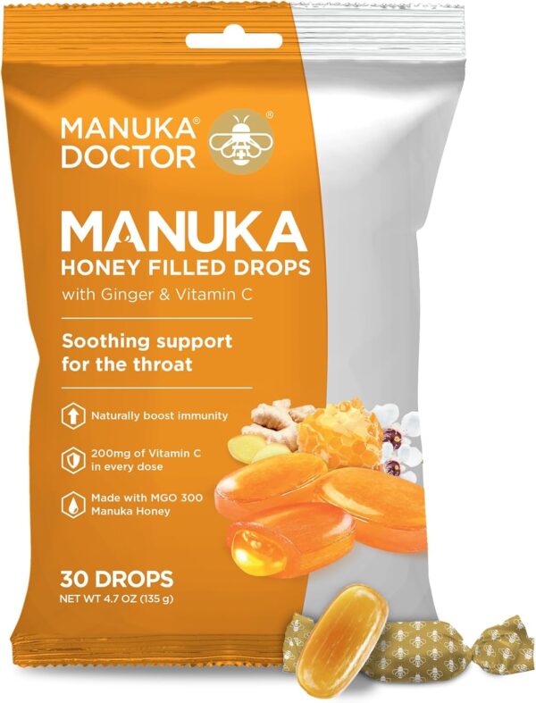 Manuka Doctor Cough Drops, Manuka Middles, 4.7 oz Throat Lozenges Infused with Raw Manuka Honey, Vitamin C & Ginger for Immune Support, Helps Soothe Sore Throat