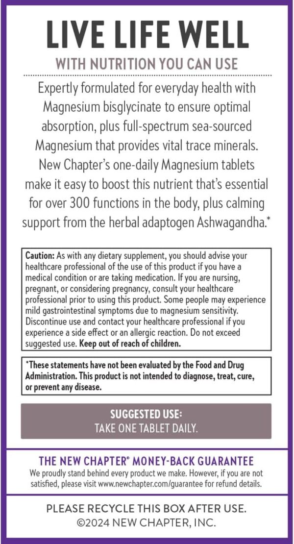 71jKjN3iBPL._AC_SL1280_.jpg New Chapter Magnesium + Ashwagandha Supplement, 325 mg with Magnesium Glycinate, 2.5x Absorption, Muscle Recovery, Heart & Bone Health, Calm & Relaxation, Gluten Free, Non-GMO - 60 ct (2 Month Supply)