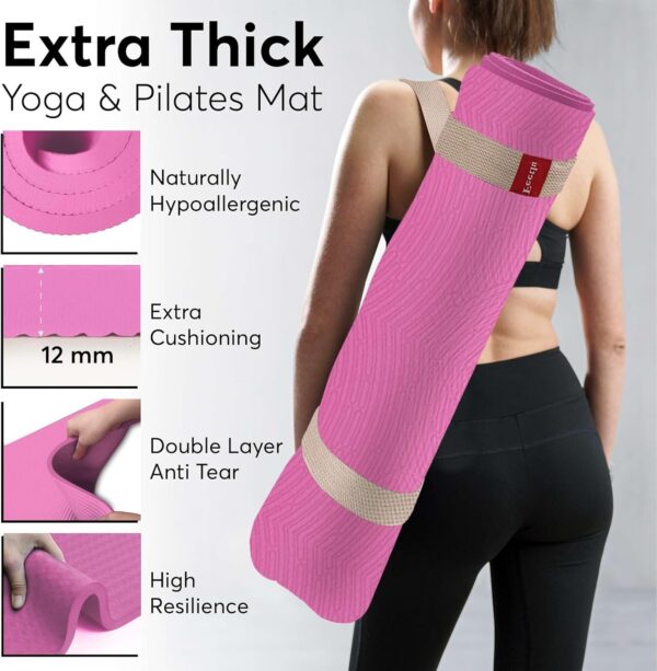Yoga Mat with Strap – 10mm & 12mm Thick Yoga Mat, Non-Skid Dual Surface Workout Mat, Eco-Friendly POE Yoga Mats for Women Men Kids, Perfect Exercise Mat for Pilates, Yoga, and Floor Workouts, Includes Carrying Strap.