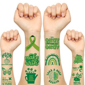 Mental Health Awareness Items Temporary Tattoos - 24 Sheet Green Support Encouragement Self-Motivation Tattoo Stickers, Ideal for Therapists Parents Educators to Spread Positive Vibes