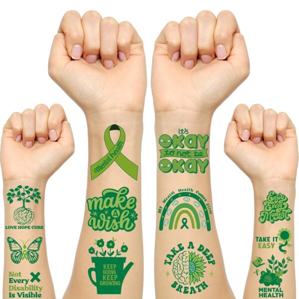 Mental Health Awareness Items Temporary Tattoos - 24 Sheet Green Support Encouragement Self-Motivation Tattoo Stickers, Ideal for Therapists Parents Educators to Spread Positive Vibes