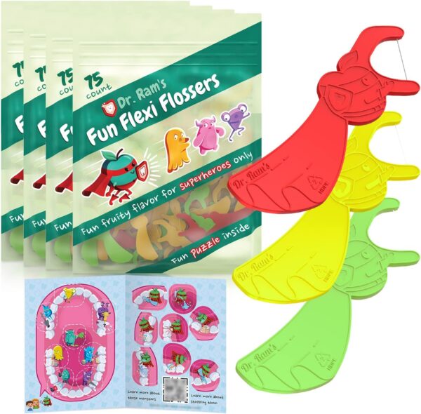 Dr. Ram's Fun Flexi Flossers for Kids - 300 Count Kids Dental Floss - Anti-Ouch Shape with Puzzle and Game - Light Citrus Fruit Scent Kid Floss