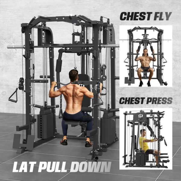 Commercial Smithmachine with Smithe Bar, Home Gym Station with Dual Weight Stacks, 4000LBS Power Cage Squat Rack with Lever Arm, Leg Press, LAT Pull Down, Cable Crossover for Full Body Training