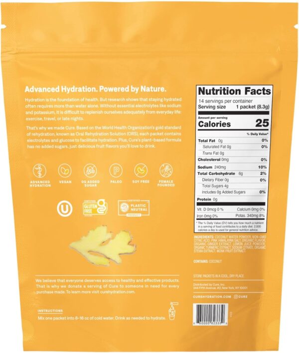 Cure Hydrating Electrolyte Mix | Powder for Dehydration Relief | Made with Coconut Water | No Added Sugar | FSA & HSA | Vegan | Paleo Friendly | Pouch of 14 Packets - Ginger Turmeric