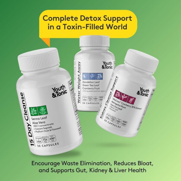 Youth & Tonic Diuretic Full Body Cleanse Detox Pills for Bloating, Puffiness and Swelling, System Flush for Colon, Kidney and Liver Detoxing, 30 Day Supply with Green Tea, Senna, Dandelion, Cranberry