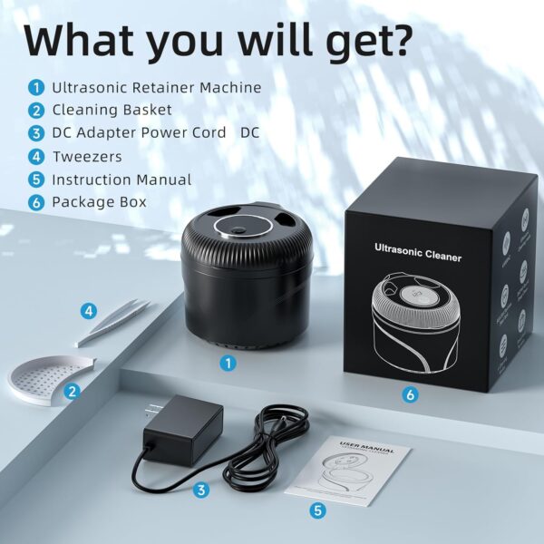 Ultrasonic Retainer Cleaner, 45kHz Retainer Cleaner Machine for Dentures, Mouth Guards, Aligner, Toothbrush Heads, Jewelry, 4 Modes Denture Cleaner with Digital Timer & 200ML Dental Cleaning Pod