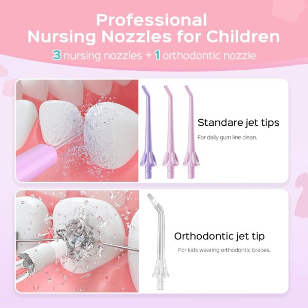 COSLUS Kids Water Dental Flosser Deep Cleaning Picks Portable 4 Modes for Ages 6+ Safe Waterproof Rechargeable with 4 Jet Tips for Gums Care Pink Purple
