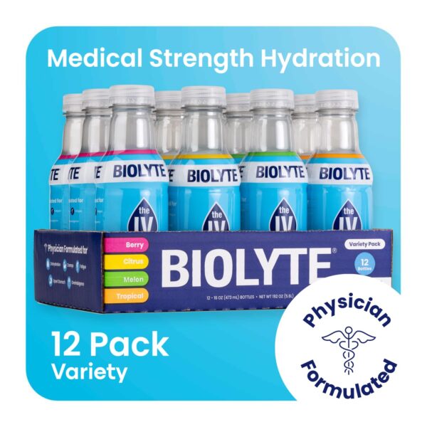 BIOLYTE Electrolyte Drink - Hydration Drink, Medical-Grade Flavored Water with Electrolytes, Sports Drinks, Liquid Energy & Rehydration, IV in a Bottle - Variety, 16 Fl Oz (12 Pack)