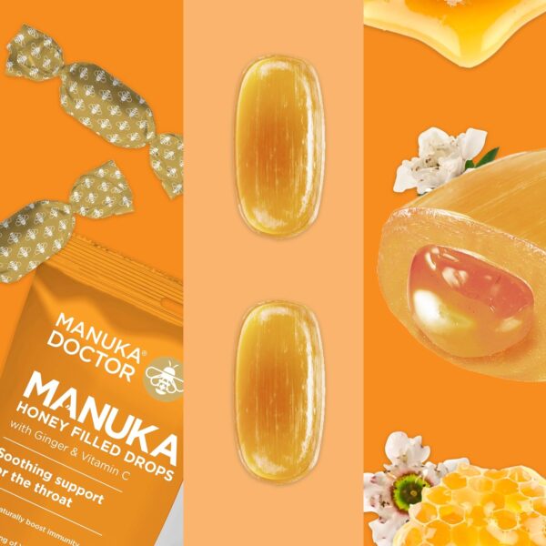 Manuka Doctor Cough Drops, Manuka Middles, 4.7 oz Throat Lozenges Infused with Raw Manuka Honey, Vitamin C & Ginger for Immune Support, Helps Soothe Sore Throat