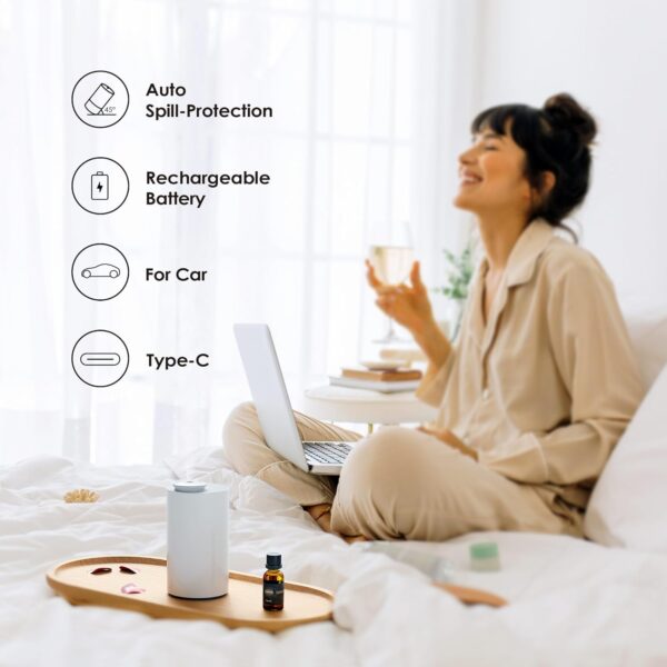 Waterless Diffuser for Essential Oil Nebulizer Battery Operated Mini Scent Air Machine Aromatherapy Atomizing Diffuser 4 Timers 3 Mist Level for Home Room Cars Office AN6 White