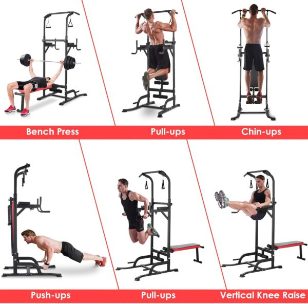Arlopu Power Tower with Bench, Pull Up Bar Stand, Dip Bar w/Folding Bench 4 Ropes Strength Training, Multi-Function Fitness Equipment for Home Gym, Adjustable Heights and Angles Dip Station, 400LBS