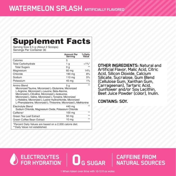 Optimum Nutrition Amino Energy Powder Plus Hydration, with BCAA, Electrolytes, and Caffeine, Watermelon Splash, 30 Servings (Packaging May Vary)