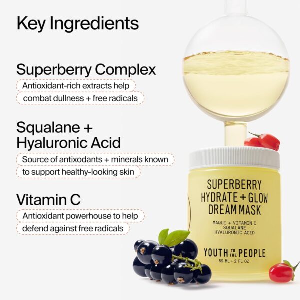 Youth To The People Superberry Hydrate + Glow Dream Mask, Vitamin C Face Moisturizer, Plumps + Brightens Skin, Treats Dullness + Uneven Tone, Vegan