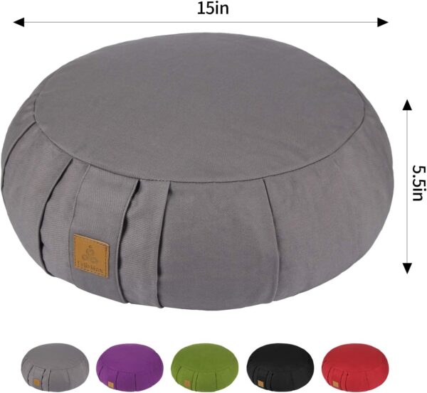 Round Zafu Meditation Cushion, D=15" H=5.5" Zabuton Meditation Pillow, Yoga Bolster/Pillow, Floor seat, Zippered Organic Cotton Cover, Natural Buckwheat, Kneeling Pillow - Grey