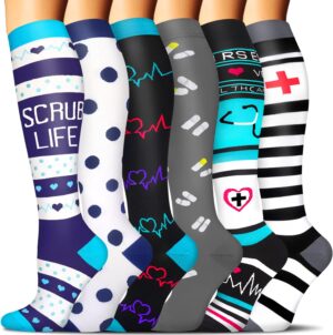 SunFeeling 6 Pairs Compression Socks for Women & Men Circulation - Best Support for Nurses,Running,Athletic,Sports