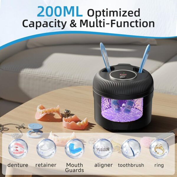 Ultrasonic Retainer Cleaner, 45kHz Retainer Cleaner Machine for Dentures, Mouth Guards, Aligner, Toothbrush Heads, Jewelry, 4 Modes Denture Cleaner with Digital Timer & 200ML Dental Cleaning Pod