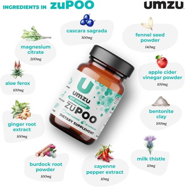 UMZU zuPOO Natural Colon Cleanse, Constipation Relief & Detox Supplement for Women & Men, Cascara Sagrada, Magnesium, Milk Thistle, Apple Cider Vinegar (15 Day Supply | 30 Capsules)