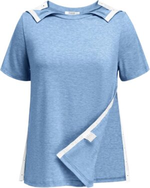 Deyeek Post Shoulder Surgery Shirts for Women Tear Away Side Snap Chemo Port Shirts Short Sleeve Adaptive Clothing