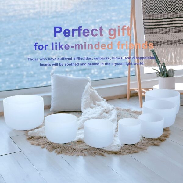 432HZ 6-12 Inch Set Of 7 PCS Frosted Chakra Quartz Crystal Singing Bowls for Sound Healing with 2 PCS Travel Carry Case Bag