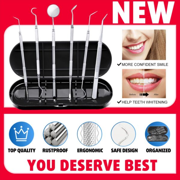 Antonki 6 Pack Dental Tools, Plaque Remover for Teeth Cleaning Dental Pick Hygiene Kit, Stainless Steel Professional Tooth Scraper Tartar Removal Cleaner for Home Use - with Case