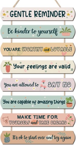 CHDITB Gentle Reminders Wooden Sign For Kids Room, 8pcs Positive Affirmations Wall Decor, Mental Health Wellbeing Art Therapy Office Sign, Reminding Hanging Art School Nursery Artwork