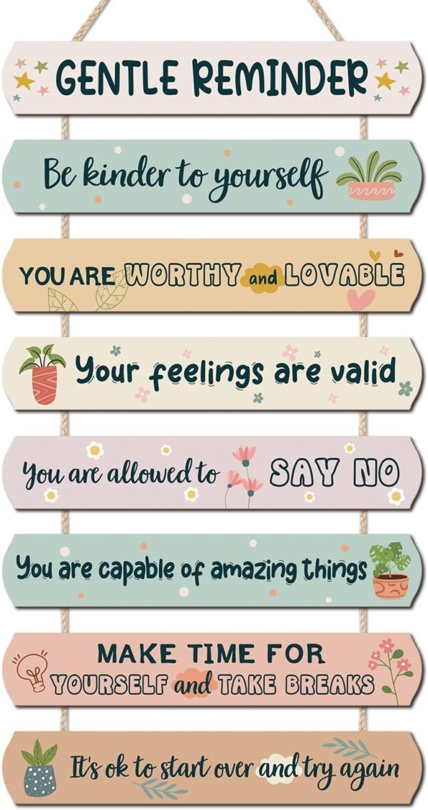 CHDITB Gentle Reminders Wooden Sign For Kids Room, 8pcs Positive Affirmations Wall Decor, Mental Health Wellbeing Art Therapy Office Sign, Reminding Hanging Art School Nursery Artwork