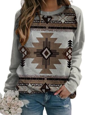 HOTYD Western Sweatshirts for Women Casual Long Sleeve Vintage Aztec Geometric Graphic Shirts Loose Crew Neck Pullover Tops