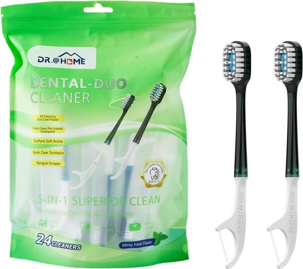 Dental Duo Disposable Travel Oral Care Set, Prepasted Toothbrush with Floss,Pick & Tongue Scraper | Individually Wrapped, Disposable Toothbrush(24count-1Pack)