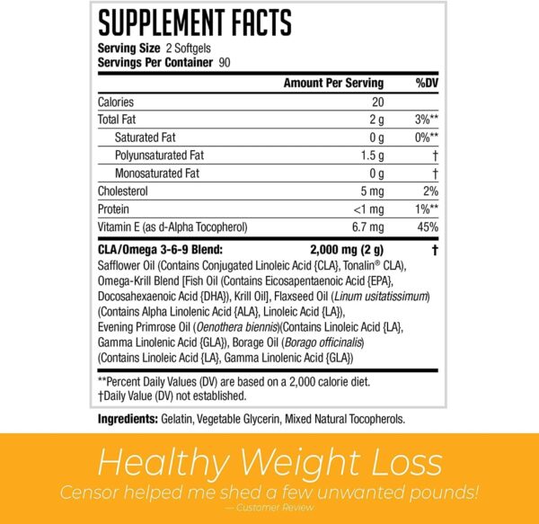 Censor NDS Nutrition Fat Loss and Body Toner with CLA, Fish Oil, Safflower and Omega 3-6-9 Blend - Dietary Supplement for Improved Energy, Metabolism and Health - 180 Softgels