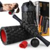 5 in1 Foam Roller Set, Trigger Point Foam Rollers, Massage Roller Stick, Massage Ball, Resistance Band for Deep Muscle Massage Pilates Yoga,Fitness Exercise for Whole Body (Black-Red)