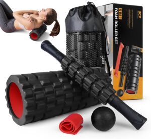 5 in1 Foam Roller Set, Trigger Point Foam Rollers, Massage Roller Stick, Massage Ball, Resistance Band for Deep Muscle Massage Pilates Yoga,Fitness Exercise for Whole Body (Black-Red)