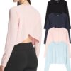 Real Essentials 4 Pack: Women's Dry-Fit Long Sleeve Petal Back Crop Top - Athletic Cropped Tee (Available in Plus Size)