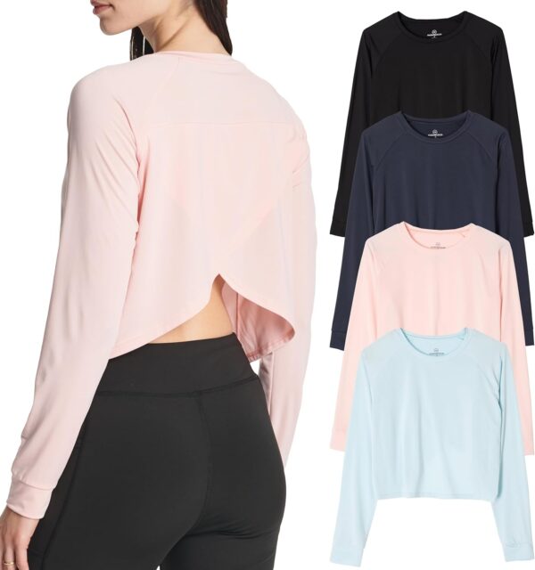 Real Essentials 4 Pack: Women's Dry-Fit Long Sleeve Petal Back Crop Top - Athletic Cropped Tee (Available in Plus Size)