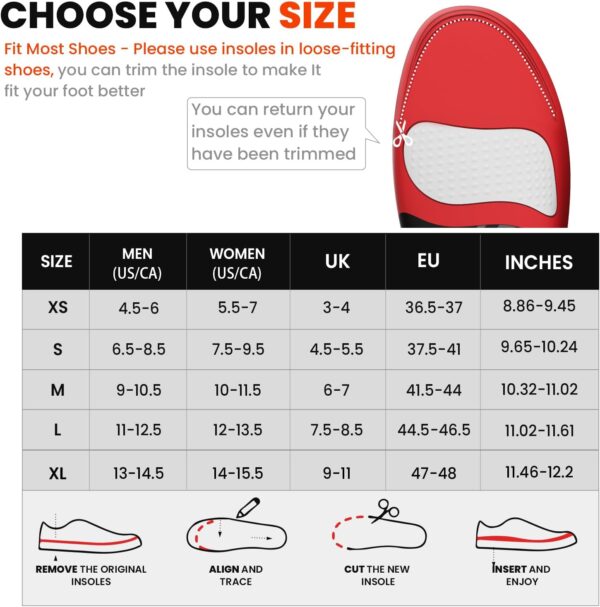 Plantar Fasciitis Relief Insoles - High Arch Support Inserts - Heel Cups & Shoe Inserts for Heel Pain Relief - Planter Facetious Relief Support Inserts - Heel Spur Relief Products - S
