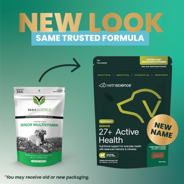 VetriScience Senior 27+ Active Health Chews, Canine Plus Daily Multivitamin for Senior Dogs, Vitamins, Minerals & Antioxidants, Health & Wellness Support, Veggie, 60 Count