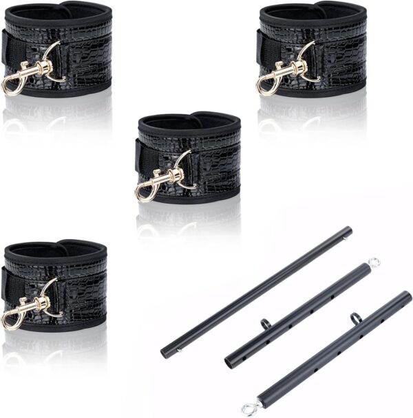 Spreader Bar Heavy Duty Stainless Steel Expandable Black Bar Home Gym with 4pcs Furry Purple Adjustable Strap,Sports Aid Training Fitness Gear Pilates Aid Kit,Yoga Set (Black+Black Crocodile PU Kit)