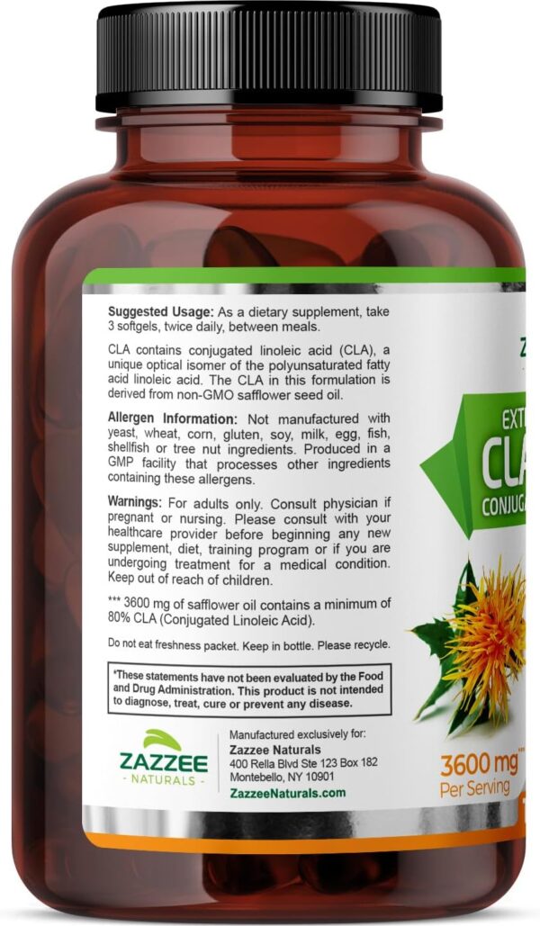 Zazzee High Potency CLA 3600, 180 Softgels, 3600 mg per Serving, Conjugated Linoleic Acid from Safflower Oil, Concentrated and Standardized, 60 Day Supply, Non-GMO and Made in The USA