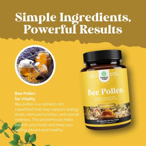 Bee Pollen Supplement 1000mg per Serving - Pure Bee Pollen Capsules with Naturally Occurring B Vitamins Minerals & Enzymes - Pills Made Vegetarian Non-GMO & Gluten Free (60 Servings)