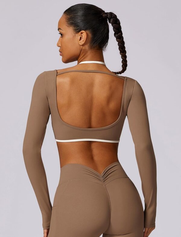 ABOCIW Womens Workout Crop Top Halter Long Sleeve Sports Bra Low Medium Impact Yoga Top T Shirts with Built in Bra